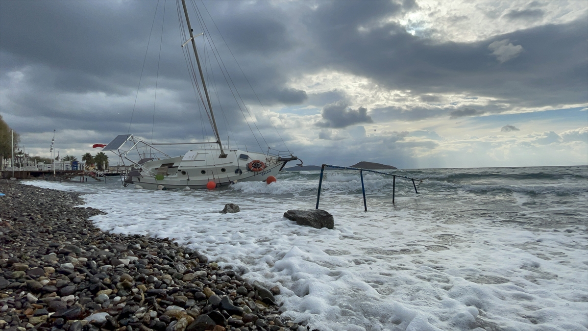 Bodrum'da bir tekne kuvvetli rüzgar nedeniyle karaya oturdu
