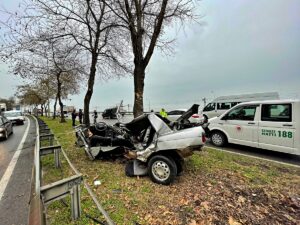 SAMSUN (AA) – Samsun'un Canik ilçesinde otomobilin refüjdeki ağaca çarpması