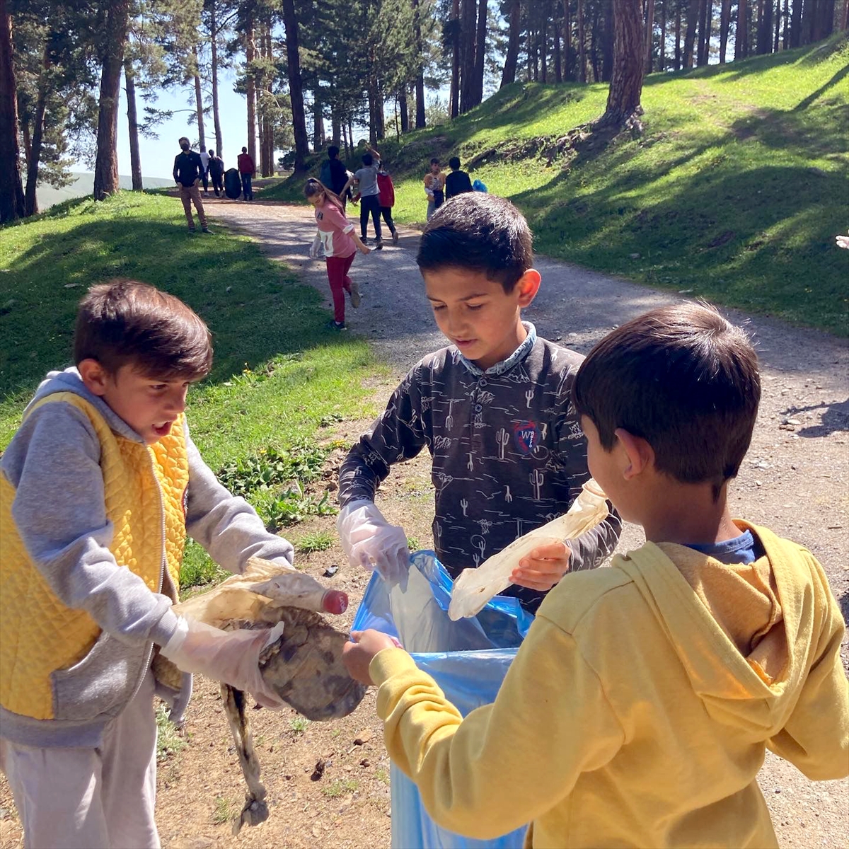 Kars'ta öğretmen ve öğrenciler çevre haftası kapsamında ormanda temizlik yaptı