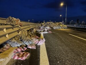 - İzmit Doğu gişeleri bağlantı yolu, virajı alamayan tırın devrilmesi