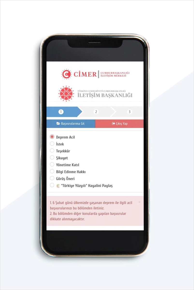 CİMER'de “Deprem acil' başlığı kullanıma hazır