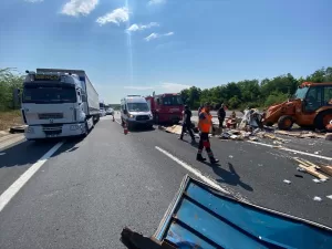 KIRKLARELİ (AA) – Kırklareli'nin Lüleburgaz ilçesinde devrilen lastik yüklü tırın