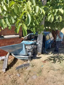 KÜTAHYA (AA) – Kütahya'nın Tavşanlı ilçesinde, aydınlatma direğine çarpan otomobilin