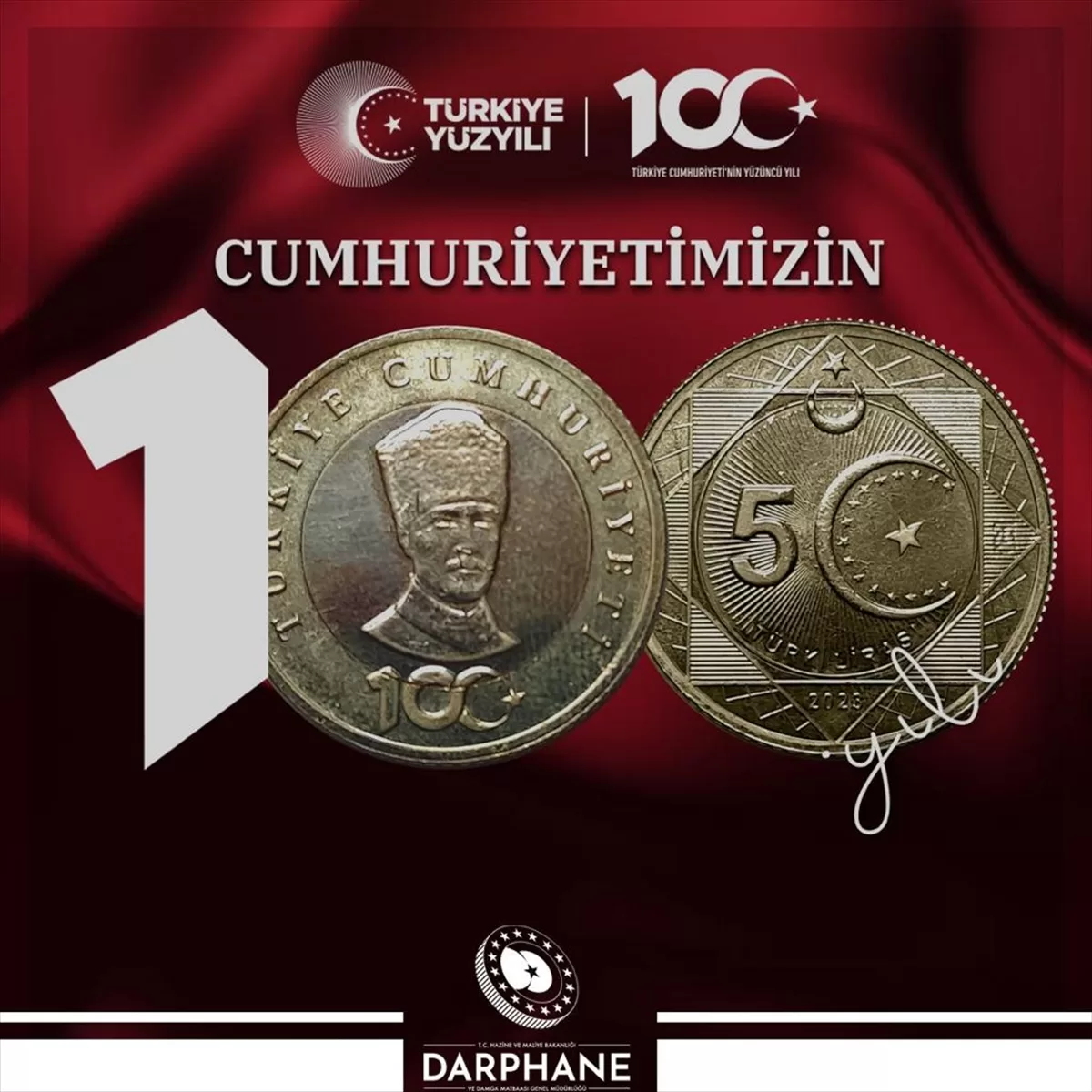 Hazine ve Maliye Bakanlığı, Cumhuriyet'in 100. yılına özel basılan “5 Türk lirası” hatıra parasını tanıttı
