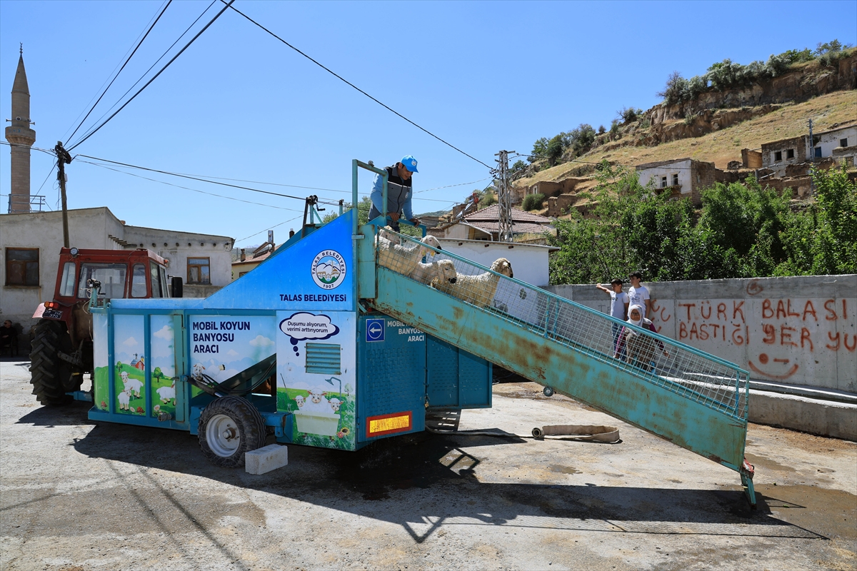 Kayseri'de küçükbaş hayvanlar keneye karşı “mobil banyo” ile dezenfekte ediliyor