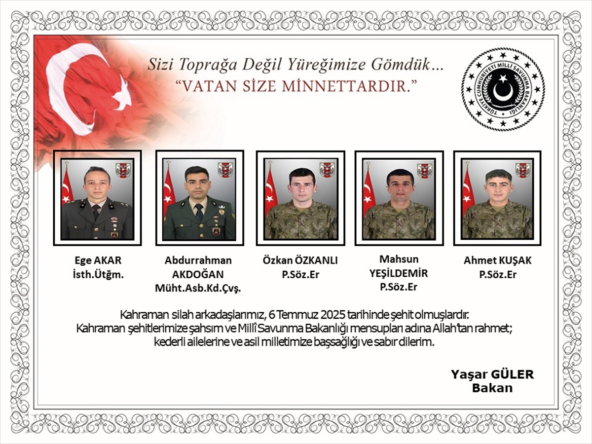 Milli Savunma Bakanı Güler'den, metan gazına maruz kalarak şehit olan 5 asker için başsağlığı mesajı: