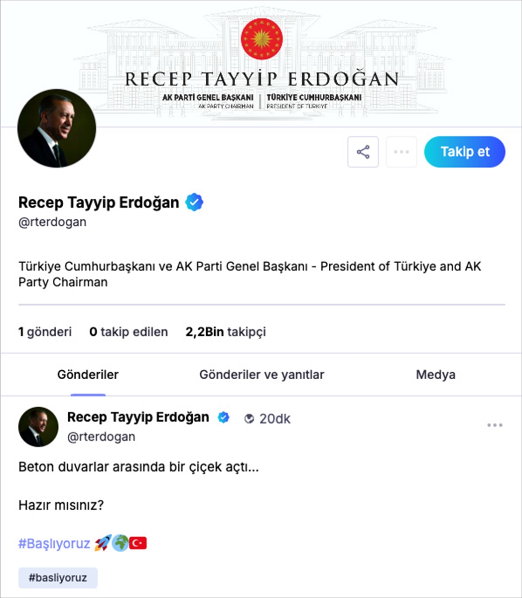 Cumhurbaşkanı Erdoğan NSosyal'den ilk paylaşımını yaptı