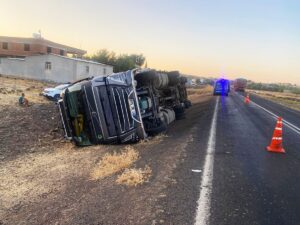 ŞANLIURFA (AA) – Şanlıurfa'nın Siverek ilçesinde hayvan yüklü tırın devrildiği