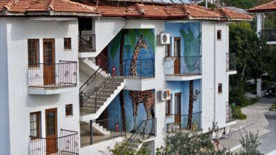 - Muğla'nın Fethiye ilçesinde binaların dış cephelerini ve kayaları tuval